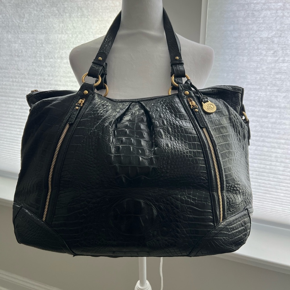 BRAHMIN Black Selma Croc Embossed Leather Pleated Shoulder Tote Bag Top Zipper
